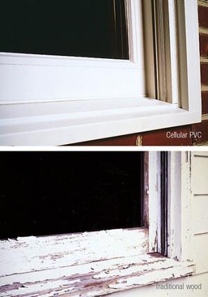 comparison of cellular PVC window sill versus a traditional wood sill showing wood degrading.