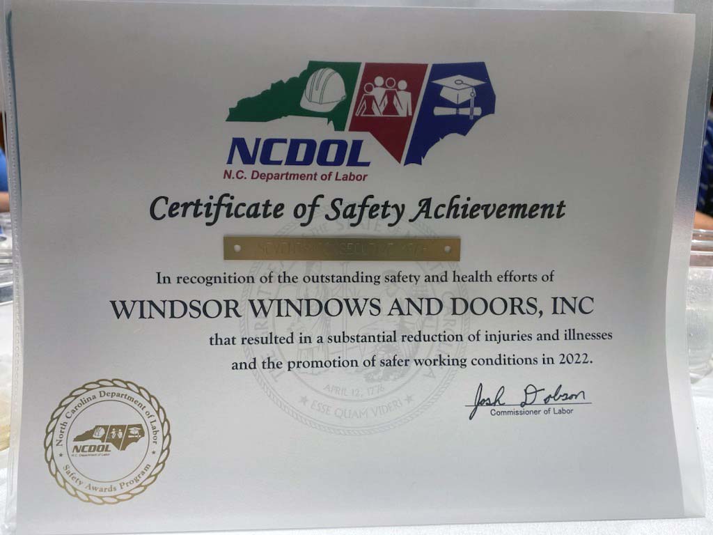 NCDOL Certificate of Safety Achievement 2022